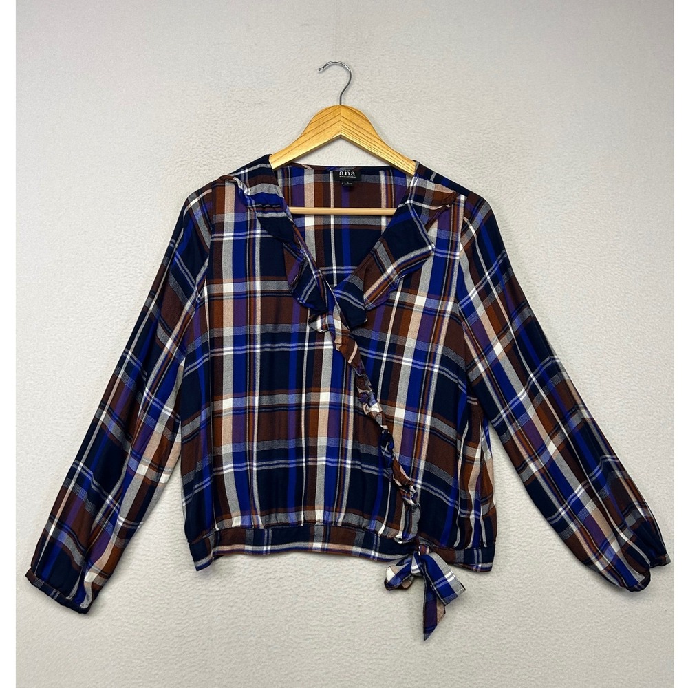 Boho Western a.n.a Womens Small Blue Brown Plaid Ruffle Wrap Tie Hem Blouse